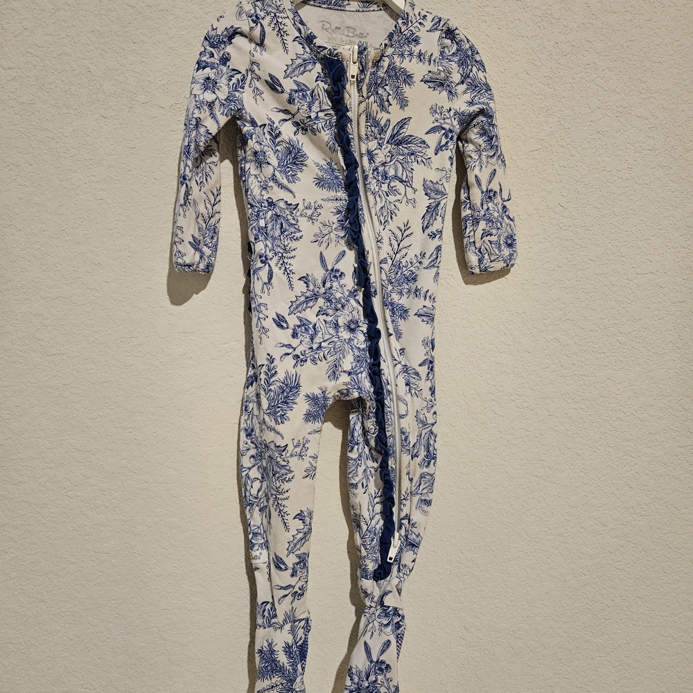 Ruffle Butts Blue and White Floral Kids Footie
